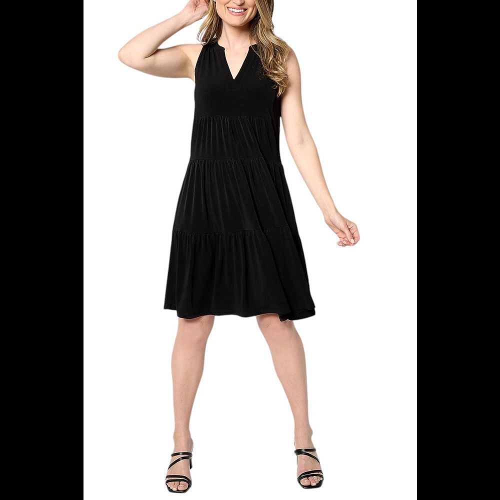 Susan Graver Women's Liquid Knit Sleevelees Tiered Dress Black - Petite